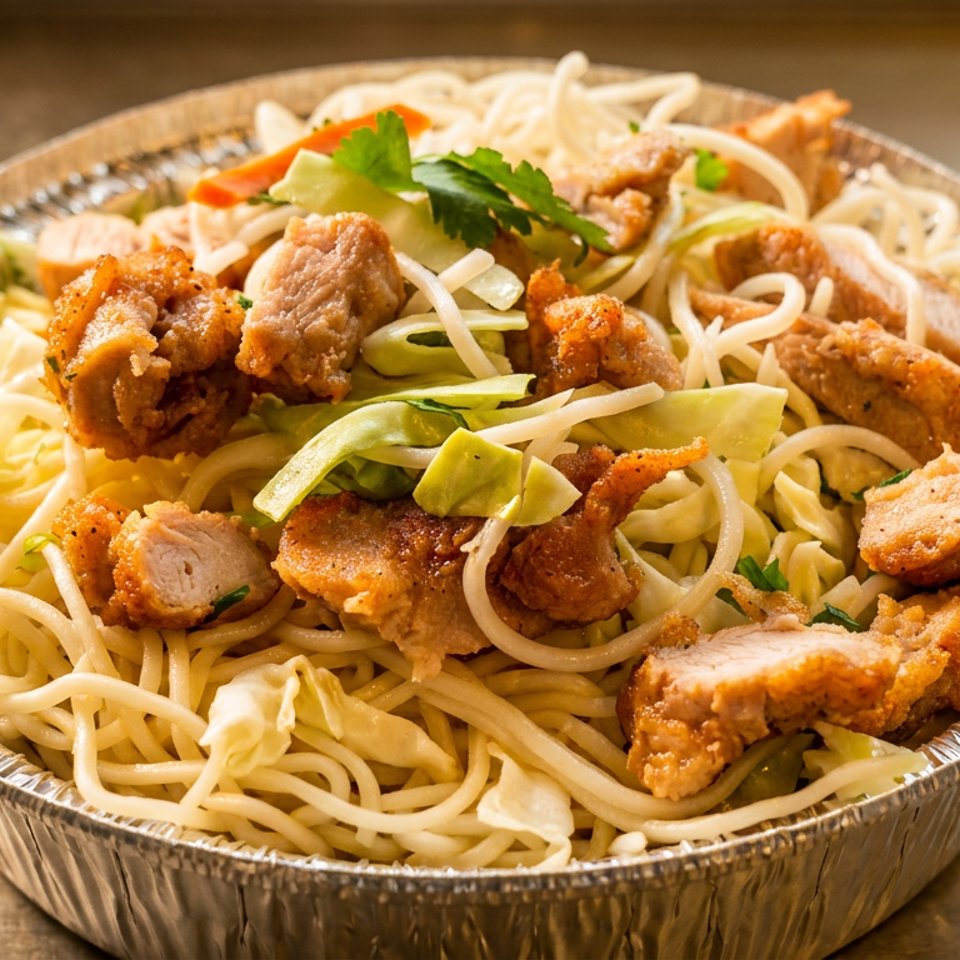 Noodles with crispy fried chicken and fresh vegetables in a foil takeout container.
